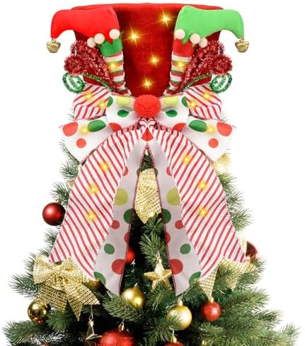 Christmas Tree Topper Hat Lighted, Large Red Bow Christmas Tree Topper with Warm Light Bulbs, Lighted Red Velvet Hat with Elf Legs Christmas Tree Decorations for Home Office Holiday Tree Decor by MENOLY