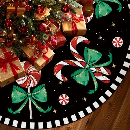Christmas Tree Skirt Black Tree Skirts Candy Cane Decorations Xmas Tree Skirt Tree Mat 48 Inch Winter Christmas Decor for Home by QIONGMENG