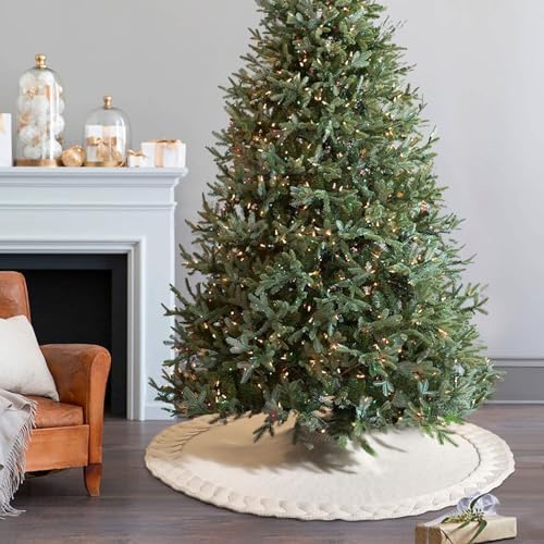 NIBESSER Knit Christmas Tree Skirt White 48" - Ivory Knitted Mat for Christmas Decorations, Yarn Thick Rustic Cable Knit Tree Skirt for Home Party Ornaments - Image 3