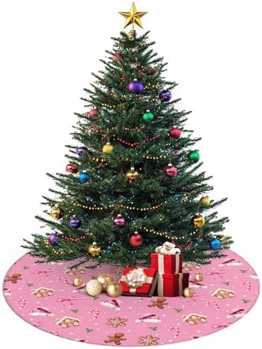 48 Inch Christmas Tree Skirt Mat Short Plush Pink Xmas Tree Skirts for Indoor Outdoor Christmas Tree Decoration(Pink Xmas Elements) - Image 2