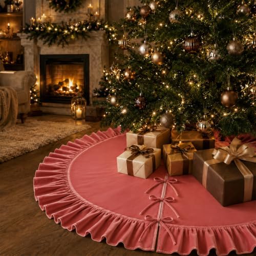 Christmas Tree Skirt,Velvet Tree Skirt with Ruffled Edge, Classic Large Velvet Fur Plush Tree Skirt for Merry Christmas(Rosered,36Inch) - Image 5