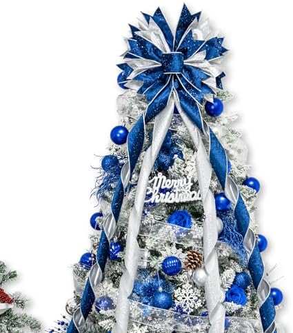 Hismir Large Christmas Tree Topper Bow，Blue & Silver 53x13 Inches by Hismir