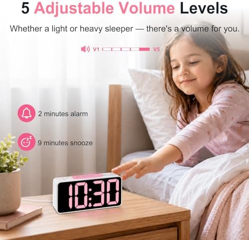DreamSky Small Digital Alarm Clock with Night Light for Kids Bedroom | RGB Desk Clock with Large Numbers for Teens Boys, Brightness Dimmer, Adjustable Alarm Volume, USB Port, USB-C Adapter Powered - Image 6