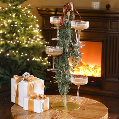 Funnymoom Christmas Cocktail Tree Stand with 3 Green Rattan and Bow, 3 Tier 12 Holders Gold Tree Tower Stand for Drink for Champagne Martini Cup for Xmas Wedding Bridal Showers Party - Image 5