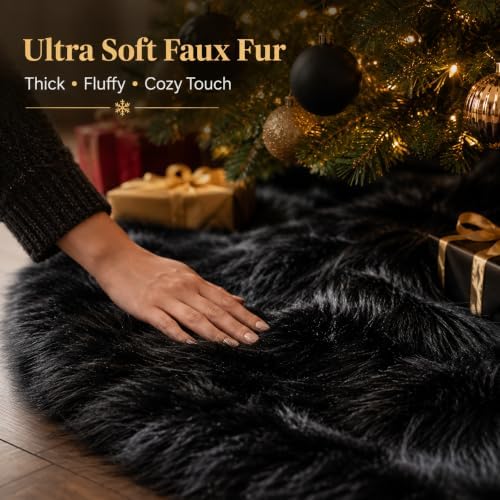AOGU 24 Inch Faux Fur Christmas Tree Skirt Black Plush Skirt for Merry Christmas Party Christmas Tree Decoration - Image 2