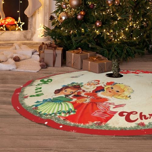 Vintage Christmas Tree Skirt Christmas Decorations - Red Vintage Style Xmas Tree Skirt Mat with Santa Claus Girls Snowflake Pattern for Indoor Outdoor Merry Christmas Holiday Party Decor 48 Inches - Image 4