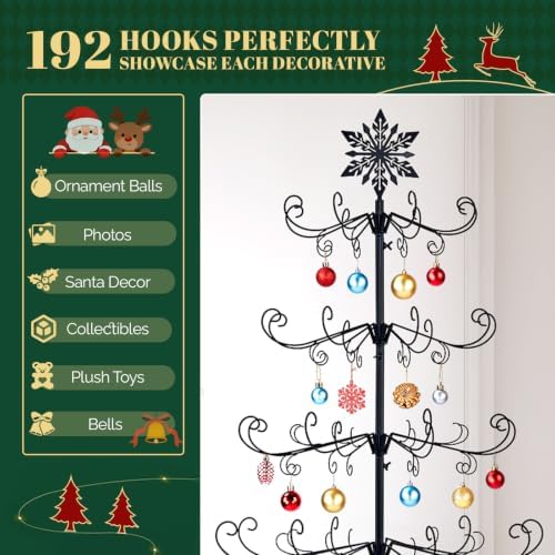 VINGLI 6ft Metal Christmas Ornament Tree Stand, Decorative Iron Display Tree w/ 192 Branches, Snowflake Topper, Ornament Display for Hanging Balls, Wrought Iron Xmas Tree Holiday Decorations, Black - Image 2