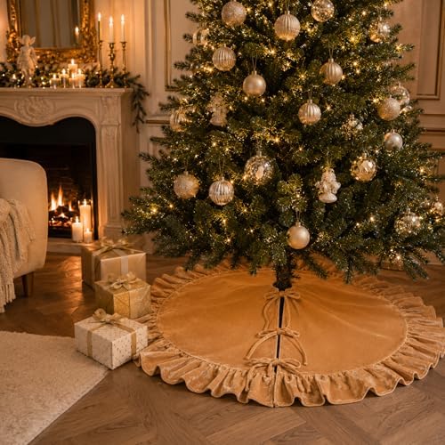 48-Inch Khaki Ruffled Velvet Christmas Tree Skirt with 3 Bow Ties, Large Round Vintage Xmas Tree Base Cover for Holiday Home and Party Decor, 122 cm - Image 5