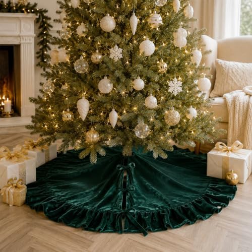 48-Inch Dark Green Ruffled Velvet Christmas Tree Skirt with 3 Bow Ties, Large Round Xmas Tree Base Cover for Holiday Home and Party Decor, 122 cm - Image 3