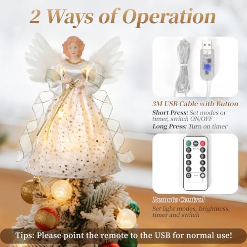 Lewondr Christmas Tree Topper Angel, 12" Lighted Angel Tree Topper with 8 Modes, 6H Timer Angel Figurine Christmas Tree Top Wings, Remote & USB Powered Xmas Decor for Tree Tabletop Home, Gold - Image 4
