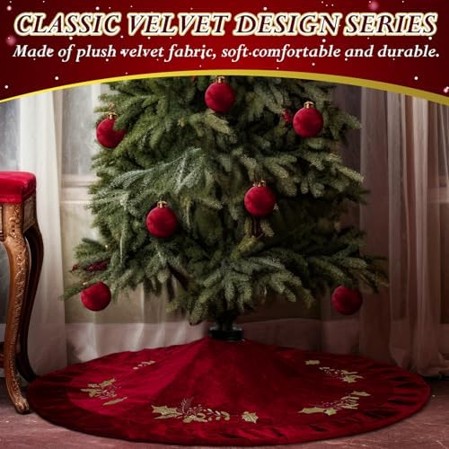 48 inches Velvet Christmas Tree Skirt Red Wine Gold Fur Plush Tree Skirt Luxury Xmas Skirts for Merry Christmas Party Vintage Holiday Decorations(Red with Gold Embroidered Holly) - Image 5