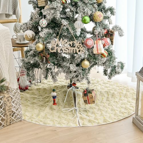AVOIN colorlife Soft Plush Faux Fur Christmas Tree Skirt 36 Inch, Jacquard Beige Xmas Star Pine Trees Winter Holiday Mat Decoration - Image 3