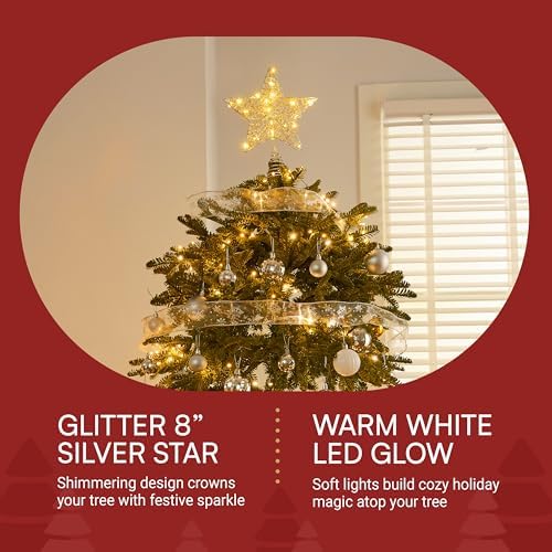 Joiedomi 8 inch Christmas Glitter Star Tree Toppers, Battery Powered Metal Silver Star Lighted with LED Warm White Lights for Xmas Decorations, Holiday Party Indoor Decor - Image 5