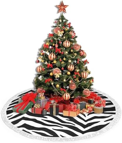 Christmas Tree Skirt 30" Inch Black and White Zebra Print Xmas Tree Skirt Mat with White Tassel for Party Holiday, Tree Skirt Christmas Decorations - Image 4