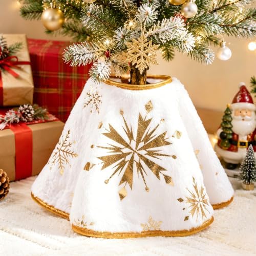 Christmas Tree Skirt White Pink Red Plush Christmas Tree Skit Jacquard Cashmere Snowflake Xmas Holiday Decoration Ornament for Merry Christmas Party Christmas Tree Decoration (Gold White, 11 INCH) - Image 7
