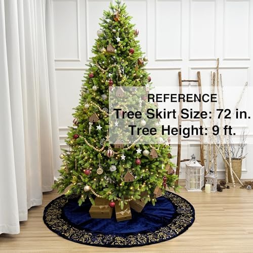 72-Inch Victorian Velvet Christmas Tree Skirt with Gold Damask Embroidery and Plush Lace Ties, Royal Blue - Image 2