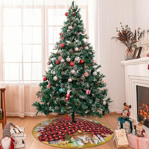 Buffalo Plaid Nativity Christmas Tree Skirt Jesus Christian Funny Tree Mat for Farmhouse Xmas Holiday Party Decorations Indoor Outdoor 36 Inch - Image 2