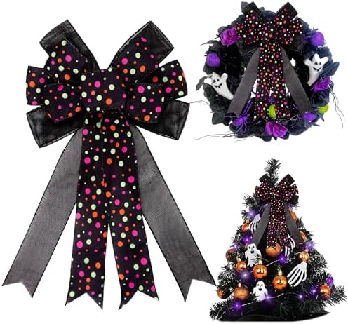 Large Halloween Tree Topper Bow, Black Colorful Polka Dot Wreath Bow by HIENAJ