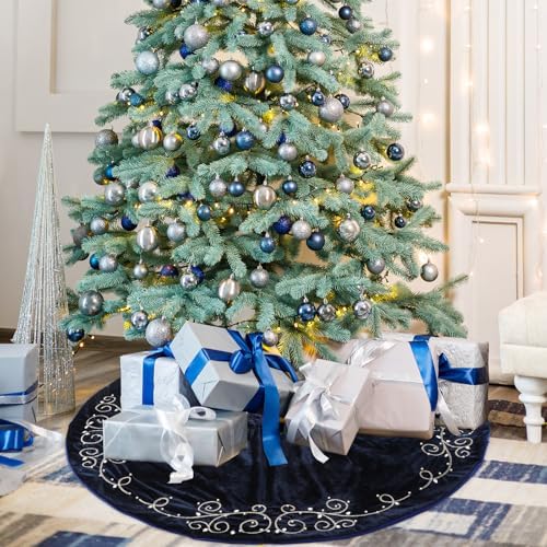 48inch Christmas Tree Skirt Navy Blue Luxury Velvet Plush Fur Skirts Baroque Tree Skirts with Gold Embroidered Pearls and Crystals Xmas Velvet Trees Skirt for Christmas Holiday Party Home Decorations - Image 4
