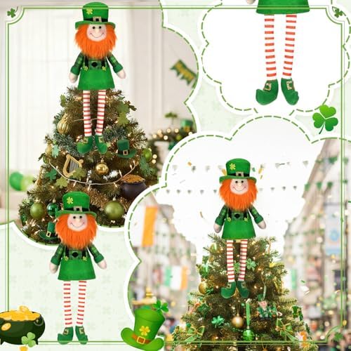 Soulchen 18.9 Inch Large St Patricks Day Tree Topper Leprechaun Gnome Tree Topper with Dangling Legs Oversized Irish Green Shamrock Sitting Decoration for St. Patrick's Day Holiday Party Decor - Image 5