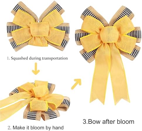 2 PCS Spring Summer Wreath Bow Decor,Decorative Bow with Yellow Burlap and Black White Stripe Ribbon for Holiday Tree Topper Home Front Door Outdoor - Image 3