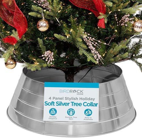 BIRDROCK HOME 4-Panel Christmas Tree Collar - Metal Holiday Skirt Decor - Water Base Protection from Pets (Silver) by BIRDROCKHOME