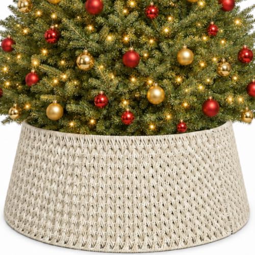 Inside Out Home 27in Christmas Tree Collar, 4-Piece Woven Holiday Tree Skirt, Protects Tree Base from Pets, White Xmas Decoration by InSideOut