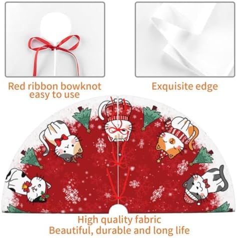 Christmas Cat Christmas Tree Skirt - Plush Polyester Mat Resistant with 3 Red Ties for Xmas, Halloween Decorations, Party Decor 30" - Image 4