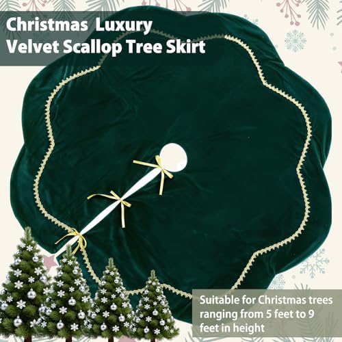 Arrowbash Christmas Tree Skirt 60 Inch Green Velvet Fur Scallop Tree Skirt Sparking Gold Lace Trim for Party Rustic Xmas Holiday Decorations All Year - Image 3