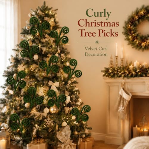 Daifunli 12 Pcs Curly Christmas Tree Picks Velvet Curl Decoration Spiral Curly Tree Topper Ornaments DIY Crafts for Wreath Fireplaces Vase Filler Holiday Ornament, 12 Inch(Brown, Green, Milky White) - Image 2