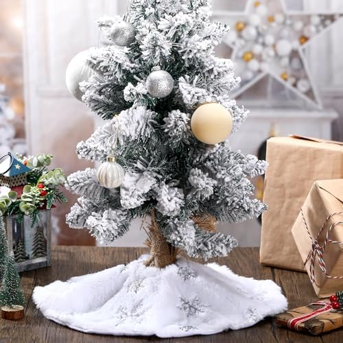 3 Pack Mini Christmas Tree Skirt White with Silver Snowflake Mat 15?€? Small Christmas Tree Skirt Faux Fur Plush Sequin Fluffy for Xmas Holiday Party Indoor Outdoor Home Decoration - Image 5
