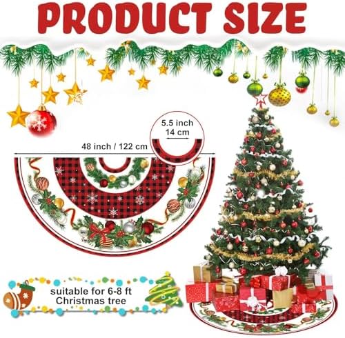 Blosssound Christmas Tree Skirt Buffalo Plaid,48 Inch,Bell,Red, Black - Image 2
