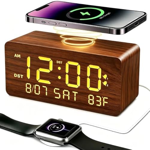 Premium Brown Wooden Digital Alarm Clock with Wireless Phone Charger, Dual USB Charging Ports, Dimmable LED Display, Date and Day of Week, Small Digital Desk Clock for Bedroom Nightstand Bedside Table by Andoolex