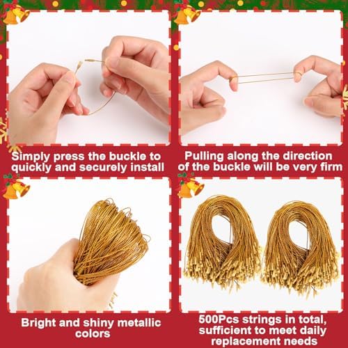 FEBSNOW 500Pcs Christmas Ornament Hangers, Gold Hanging Strings with Snap - Image 3
