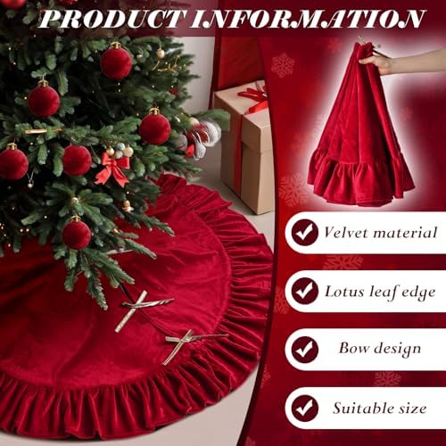 Velvet Christmas Tree Skirt, 48 Inches, Bow Style, Red - Image 3