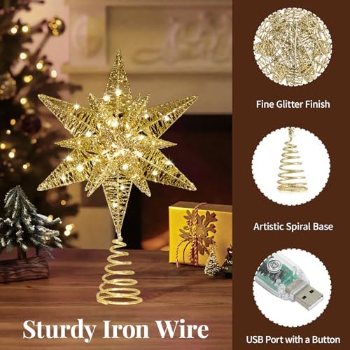 Lewondr Christmas Star Tree Topper, 14.6" Lighted Glitter 3D Star Treetop - Image 3