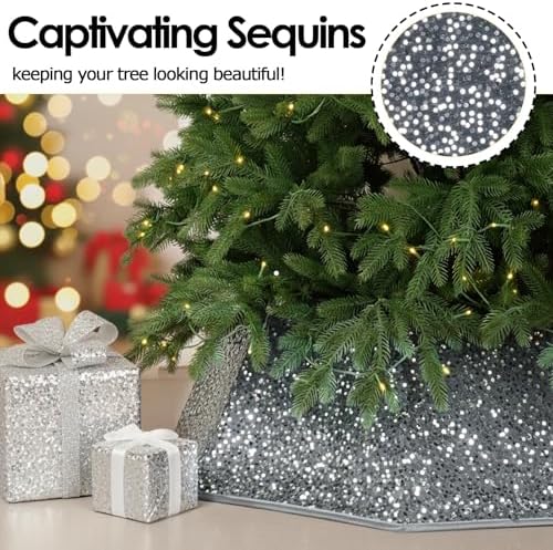Christmas Tree Collar with Sparkling Sequin Tree Skirt for Holiday Home Decor Xmas Tree Ring(Silvergrey, X-Large) - Image 5