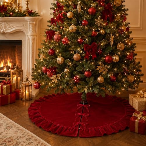 48-Inch Dark Red Ruffled Velvet Christmas Tree Skirt with 3 Bow Ties, Large Round Vintage Xmas Tree Base Cover for Christmas, New Year, Home Holida Party Decor, 122 cm - Image 5