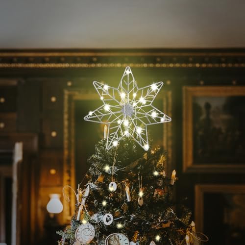 YEAHOME Christmas Tree Topper, Silver Glittered Hollow 7-Point Star Tree Topper, Lighted Wire Star with 20 LED Lights for Christmas Treetop, Xmas Tree Topper with Timer, Christmas Tree Decorations - Image 2