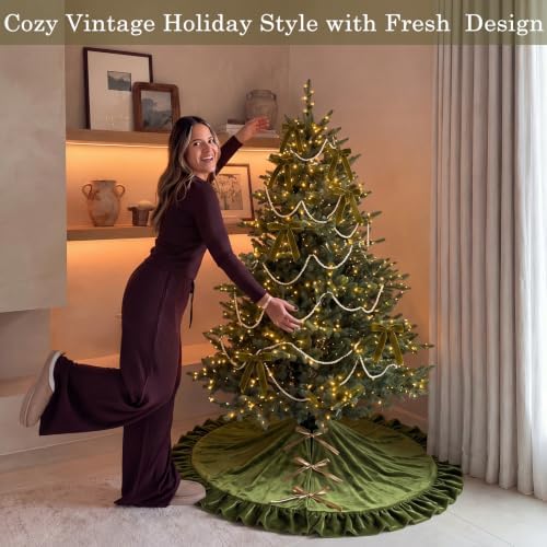 Velvet Christmas Tree Skirt, 36 Inches, Bow Style, Olive Green - Image 6