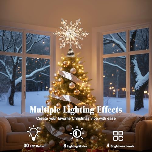 Lewondr Christmas Snowflake Tree Topper with Lights and Gem, White - Image 2