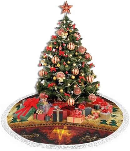 Christmas Tree Skirt 48" Inch Native American Indian Synthetic Xmas Tree Skirt Mat with White Tassel for Party Holiday, Tree Skirt Christmas Decorations - Image 4
