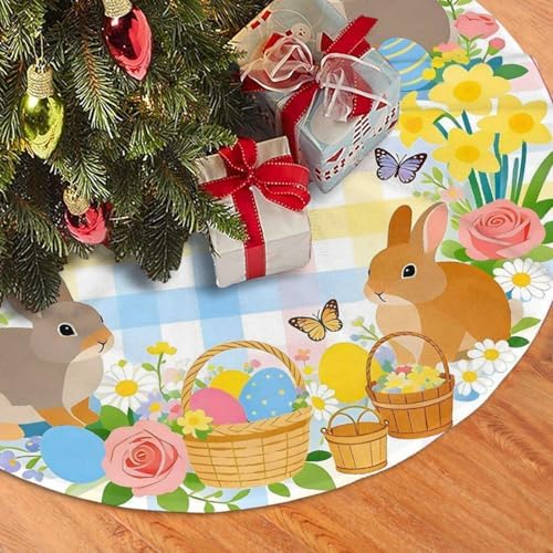 Christmas Tree Skirt, Happy Easter Colorful Easter Egg Bunny Grass On Blue Wooden Xmas Large Tree Mat, Party Decorations 30" inches - Image 3
