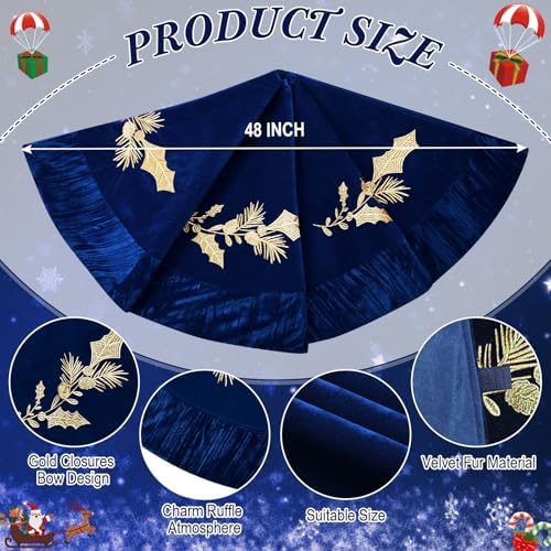 48 Inches Velvet Christmas Tree Skirt Decorations Dark Blue Luxury Xmas Fur Plush Skirts with Gold Embroidered Holly for Merry Christmas Party Rustic Vintage Holiday Home Winter - Image 2
