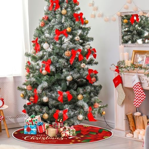Red Poinsettia Flower Lights Christmas Tree Skirt Large Xmas Tree Skirts Decorations 48 in Burlap Tree Mat Cover for 4 ft Trees Holiday Party - Image 6