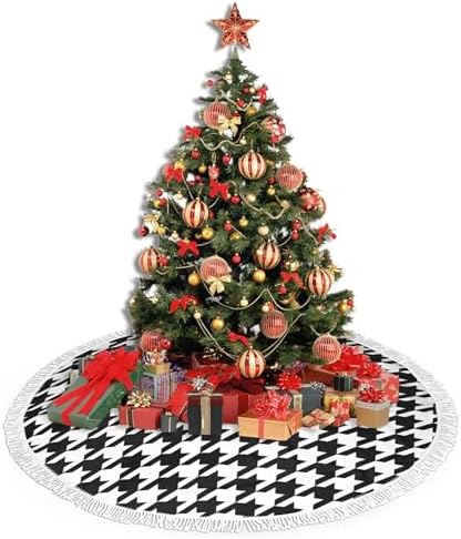 Xmas Tree Skirt 36" Inch,Black and White Houndstooth White Tassel Edge Rustic Christmas Tree Skirts for Party Holiday Decorations Xmas Ornaments - Image 4