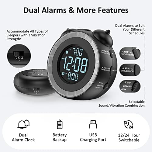 uscce Loud Dual Alarm Clock with Powerful Adjustable Bed Shaker | Vibrating Alarm Clock for Heavy Sleepers or Hearing Impaired - Easy to Set Alarm Clock with 0-100% Dimmer & Battery Backup - Image 6