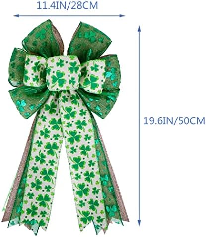 St Patricks Day Bow for Wreath Decorations,St Patricks Day Tree Topper Bows,Large Burlap White Green Glitter Shamrock Bowknot Irish Holiday Crafts Bows for Front Door Outdoor Outside - Image 2