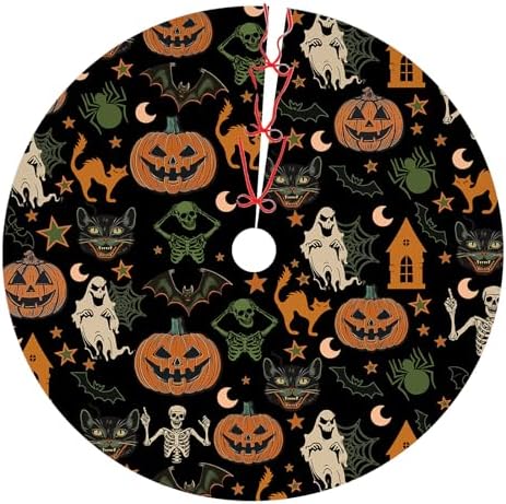 Halloween Tree Skirt 36Inch Pumpkins Ghosts Halloween Christmas Tree Decorations Skulls Spider Cat Black Tree Skirt for Fall Holiday Party Home Decor by Unknown