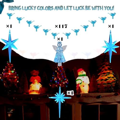 117Pcs Ceramic Christmas Tree AquaBlue Robin Bird Replacement Lights Bulbs and 1 Angel/3Stars Topper Ornament for Ceramic Tree D??cor - Medium Plastic Pegs. - Image 4
